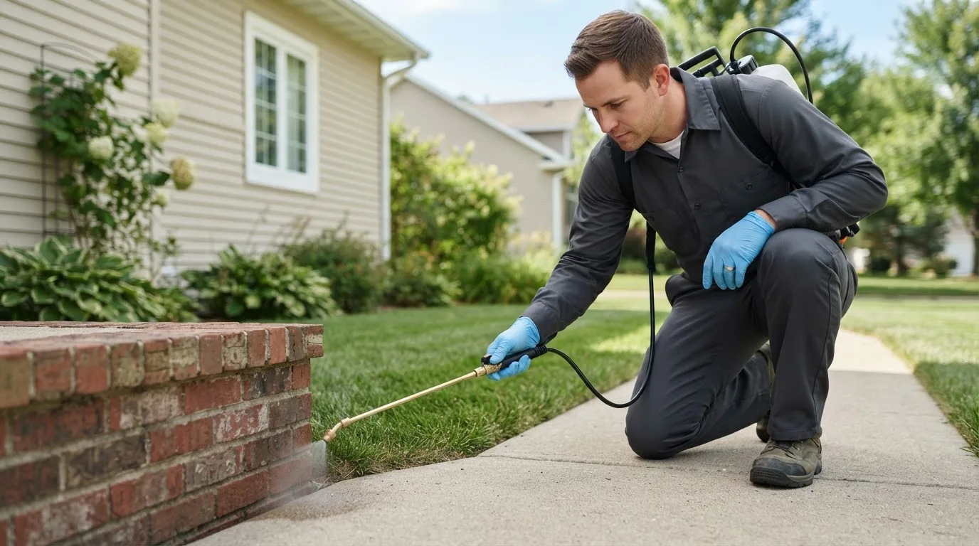 Pest control technician treating a home near Fostoria, OH